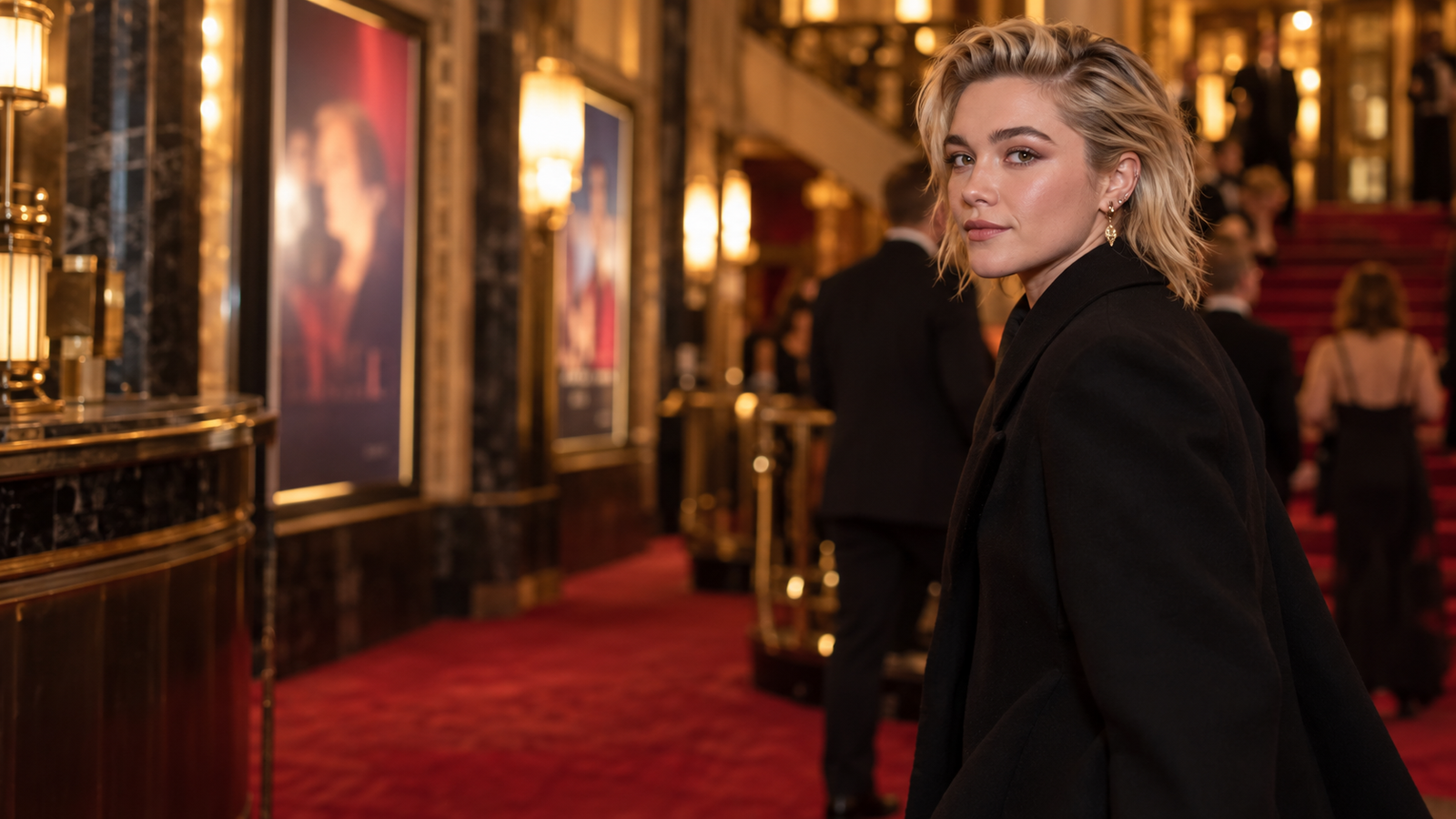 Florence Pugh in an elegant theatre setting